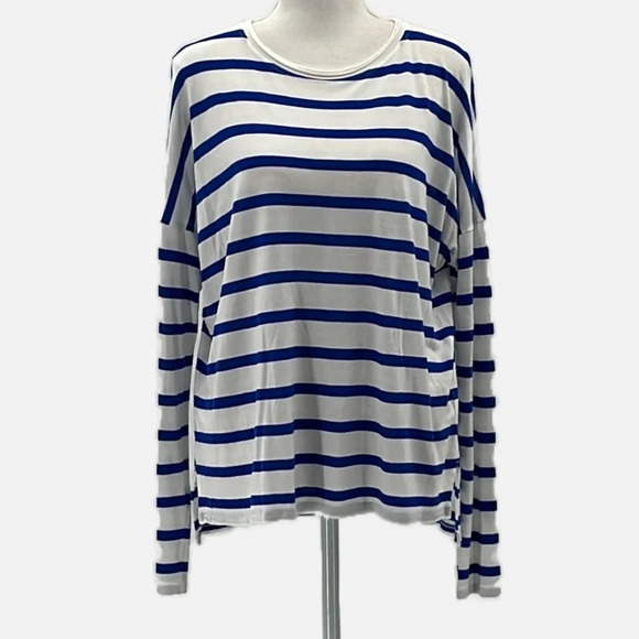 Vince Striped Drop Shoulder Long Sleeve Viscose T Shirt in Blue/White - Small - Picture 1 of 6